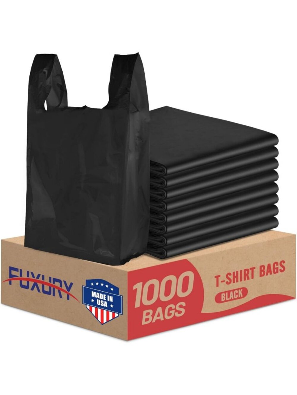 1000 Count Black Plastic Grocery T-Shirt Bags with Handles - Durable & Reusable